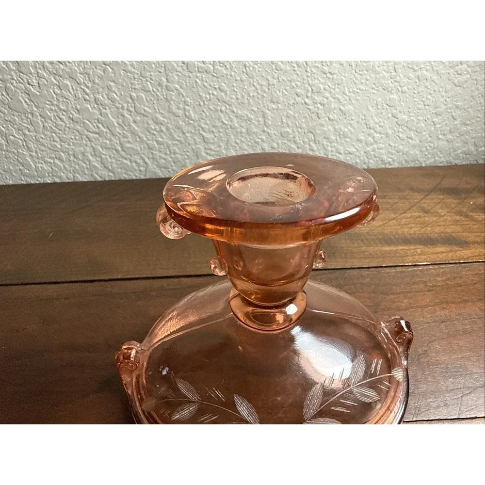 Vintage 1920s imperial glass double scroll rose pink candlestick cut floral...